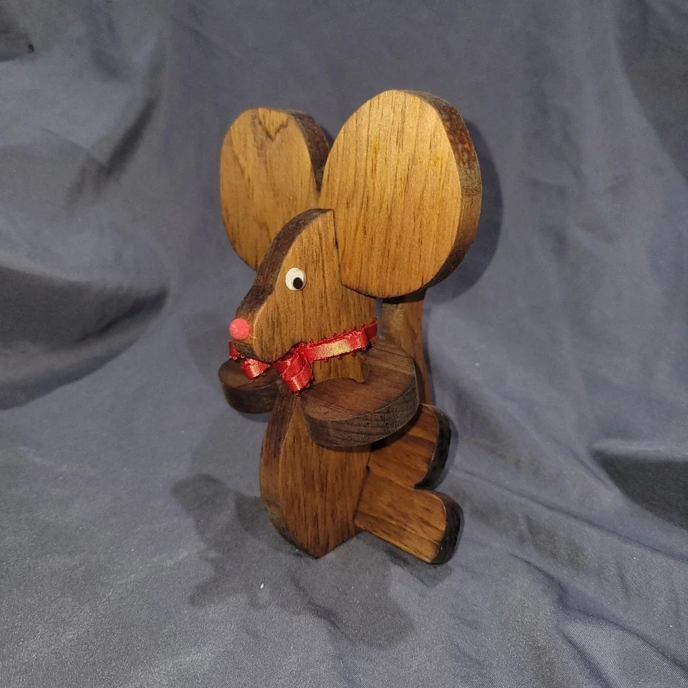 Christmas Mouse Holiday Bow Red Nose Mouse Slit Ear Wood Handmade Puzzle